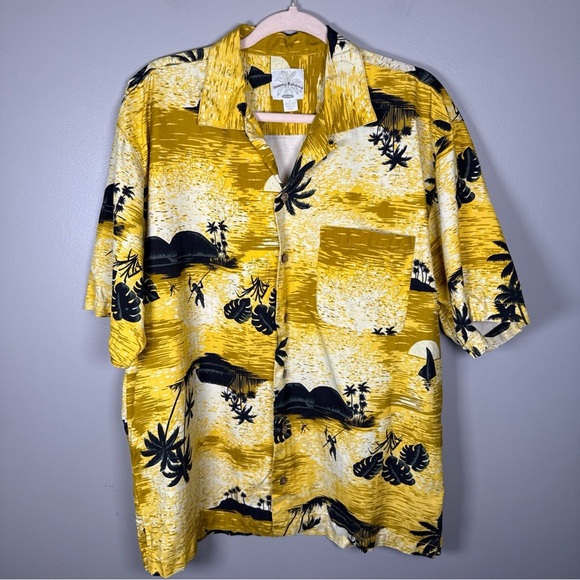 Tommy Bahama Relax Silk Button Down Shirt Yellow Black Islands Mens Size Medium - Picture 1 of 7